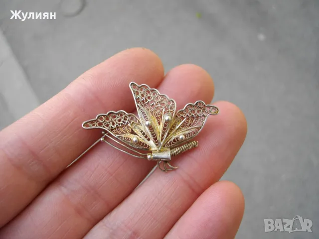 СТАРА СРЕБЪРНА БРОШКА ПЕПЕРУДА ФИЛИГРАН , снимка 3 - Антикварни и старинни предмети - 49845754