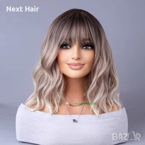 Вълнообразна руса перука с тристепенен омбре ефект и бретон, снимка 6 - Аксесоари за коса - 52897597