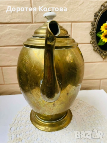 Голям месингов чайник от Англия с порцелан на капака, снимка 13 - Антикварни и старинни предмети - 53577942