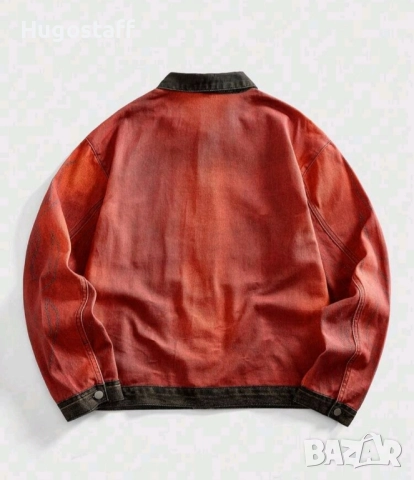 Ново мъжко дънково яке риза червено надписи деним памук ХЛ, снимка 2 - Якета - 52476329