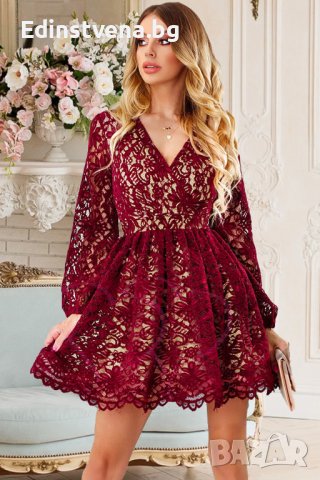 Дантелена дамска рокля в цвят бордо, с дълъг ръкав и V-образно деколте, снимка 3 - Рокли - 42521969