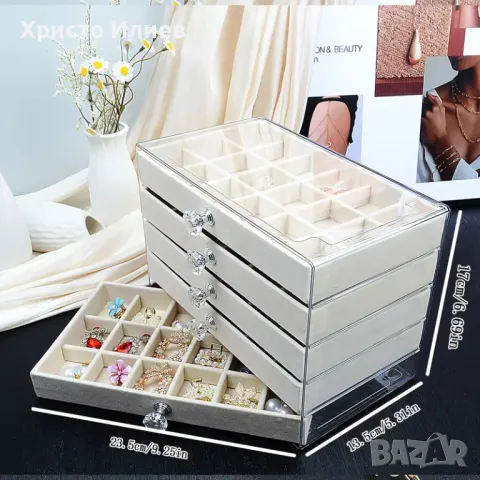Голяма кутия за бижута с 5 чекмеджета с кадифена подплата Бежова, снимка 2 - Други - 49617011