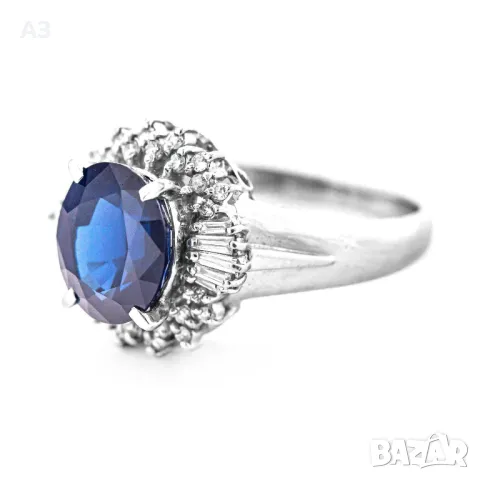 Пръстен с 3.56 карата сапфир и диаманти - Платина, снимка 2 - Пръстени - 48435992
