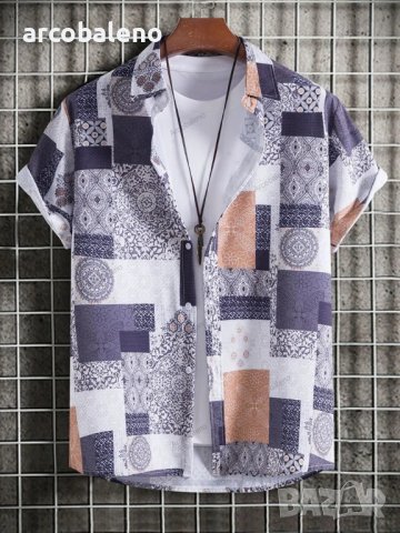 Мъжка ежедневна риза с къс ръкав в плътен цвят с пейси щампа - 023