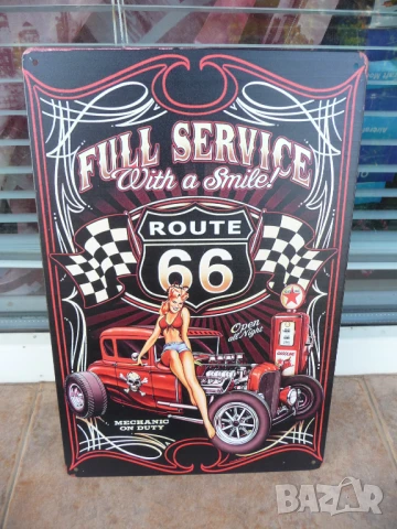 Метална табела кола Route 66 Пълно обслужване еротика механик усмивка гориво