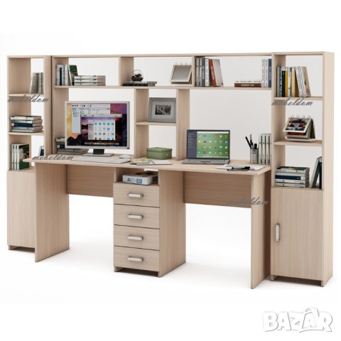 Бюро 175см. с надстройка за двама,4 чекмеджета и 2 етажерки с плавни врати(код-0933), снимка 4 - Бюра - 41223910