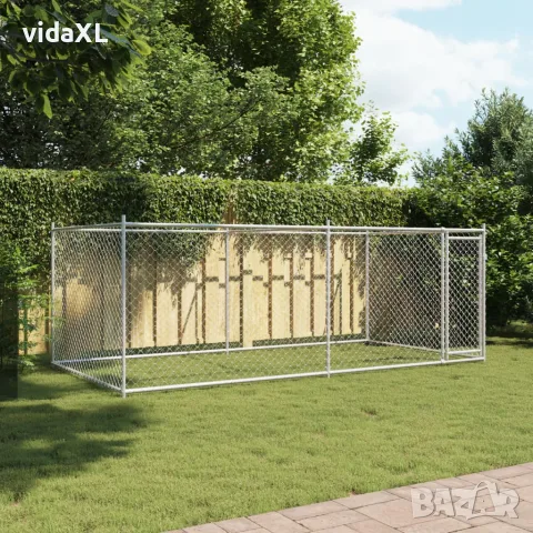 vidaXL Кучешка клетка с врата сива 4x2x1,5 м поцинкована стомана, снимка 3 - За кучета - 56146775