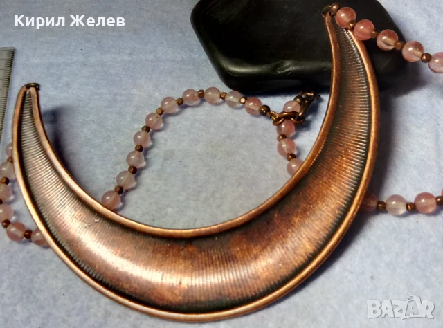 РАЗКОШНА ОРНАМЕНТИРАНА МЕДНА ОГЪРЛИЦА с РОЗОВ КВАРЦ РЕТРО АРТ БИЖУ 41793, снимка 4 - Колиета, медальони, синджири - 51371662