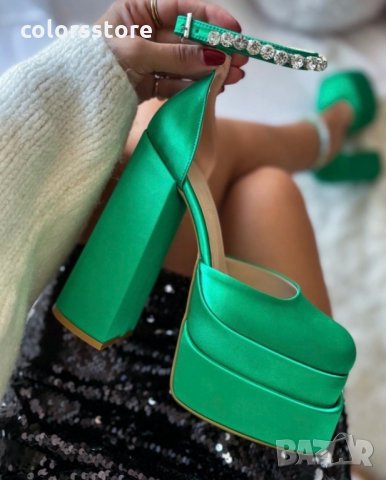 Сандали на ток - зелен сатен - VS1, снимка 2 - Дамски обувки на ток - 35714813