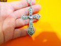 голям стар кован сребърен  кръст с аметист, маркенази и сребърен синджир православен кръст сребро, снимка 2