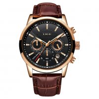 LIGE Black Gold Leather 9866 Луксозен мъжки кварцов часовник с кожена каишка, снимка 3 - Мъжки - 39848827