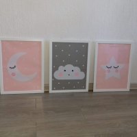 3 броя картини за детска стая в розово и сиво, снимка 1 - Други - 41660364