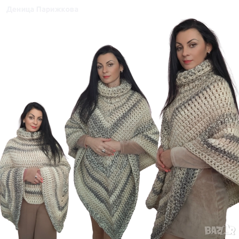 Ръчно плетено пончо с поло яка, снимка 1