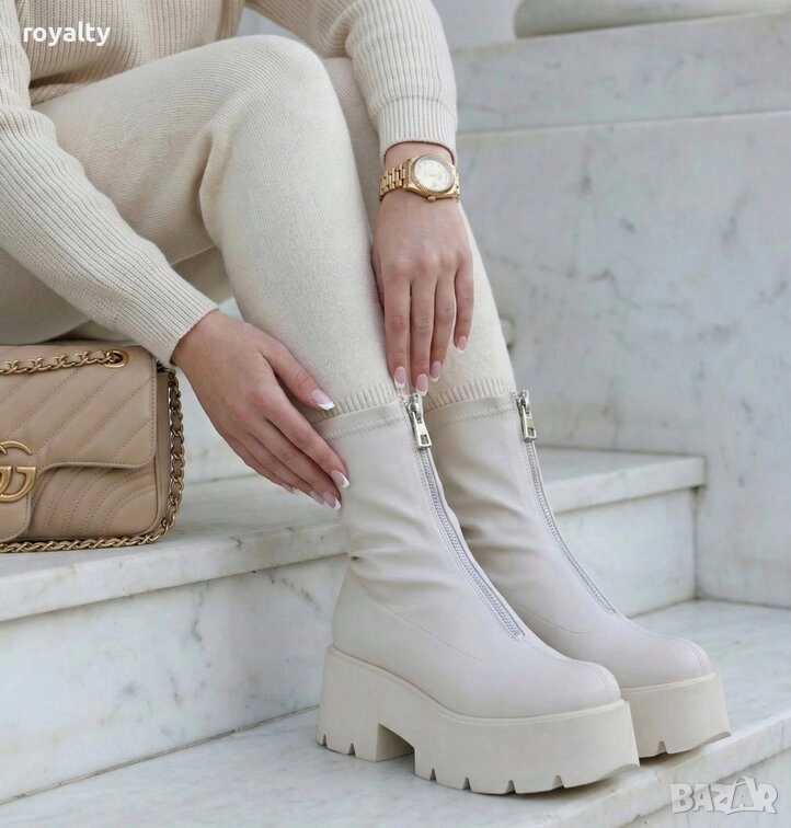 Боти на Платформа - Бежова Кожа, снимка 1