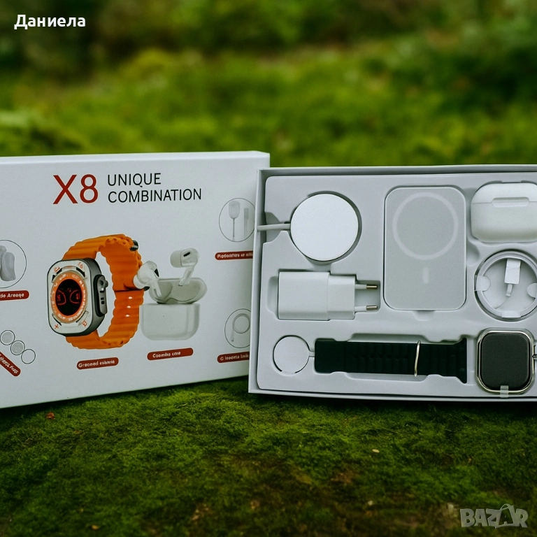 Комплект 8 в 1 с X8 Smartwatch,безжични слушалки,зарядно,кабели,външна батерия, снимка 1