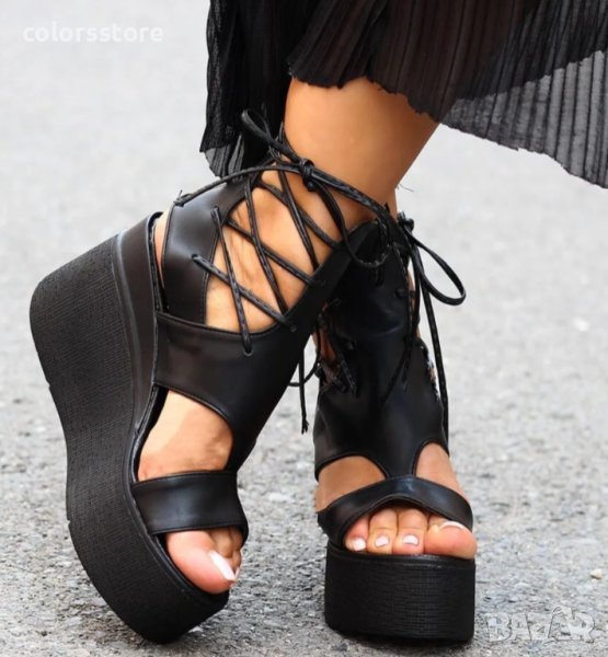 Сандали на платформа - черна кожа с черно ходило - 3420, снимка 1