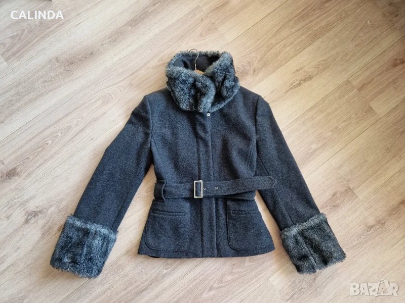 Etere сиво късо палто с колан  от вълна, снимка 1