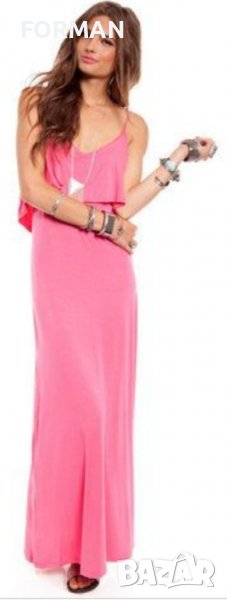 Дълга розова рокля с къдрички над бюста и на гърба, снимка 1