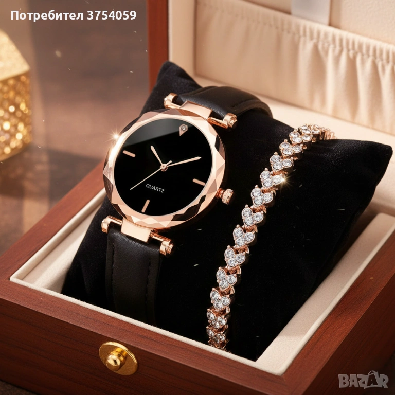 Елегантен дамски комплект часовник и гривна с розово злато, снимка 1