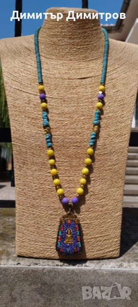 Дълъг гердан Буда. С тюркоаз и вулканичен камък. Бижута Луди гъби., снимка 1