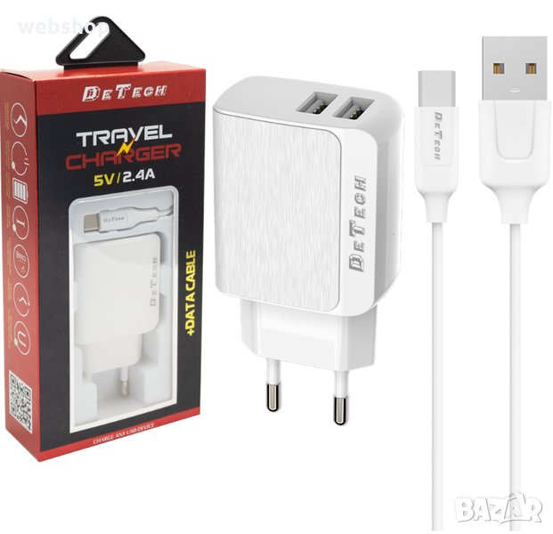 Мрежово зарядно DETECH за iPHONE 5/5S 6/6s/6s/7/8/x с 2 изхода за USB 5V 2,4A, снимка 1
