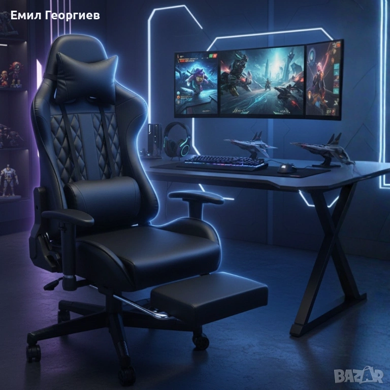 Геймърски стол с прибираща се подложка за крака и функция за масаж - черен, снимка 1