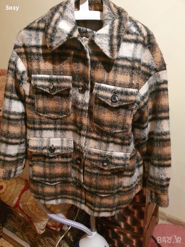 Кафяво карирано палто тип риза Л размер , снимка 1