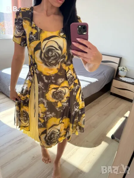 Елегантна жълто/сива рокля на цветя, Л размер, снимка 1
