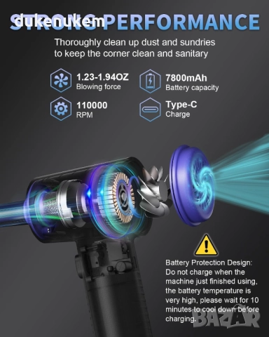 Електрическа прахосмукачка с компресиран въздух 3-в-1 – безжична, 3 скорости, LED светлина, снимка 4 - Прахосмукачки - 52748140