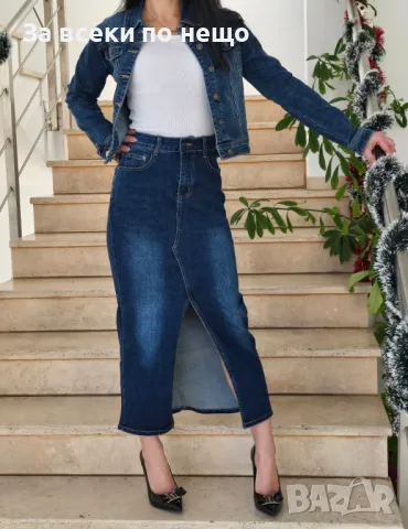 Дамски Син Дънков Мек И Еластичен Комплект - Дънково Яке И Дънкова Пола