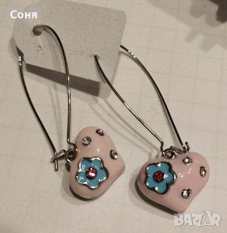 Обици, обеци розови сърца  с камъни, снимка 3 - Обеци - 40315259