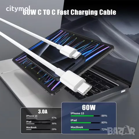 USB C към USB C кабел, 60W 20V/3A PD Кабел за бързо зареждане, - 100 см