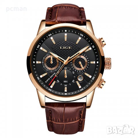 LIGE Black Gold Leather 9866 Луксозен мъжки кварцов часовник с кожена каишка, снимка 3 - Мъжки - 39848827