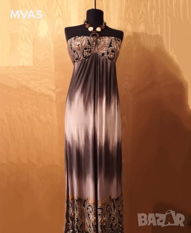 Нова лятна дълга рокля бежова кафвва с връзка плаж море S M L, снимка 1 - Рокли - 41616429