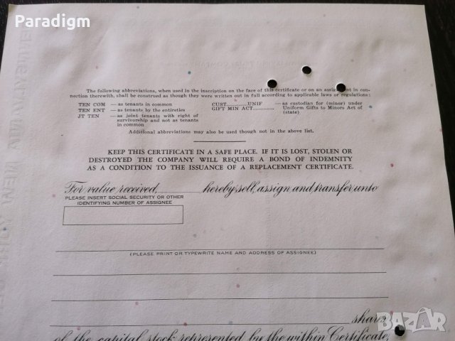 Сертификат за акции | Pennsylvania New Work Central Company, снимка 5 - Други ценни предмети - 34641094