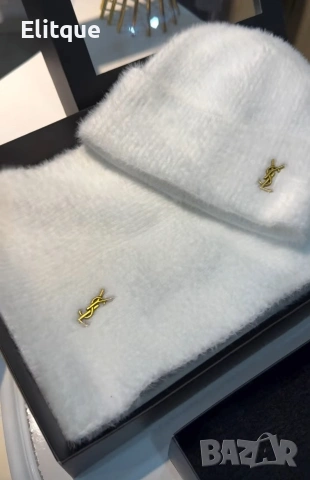 пухен зимен комплект шапка и шал ysl saint laurent , снимка 3 - Шапки - 53153642