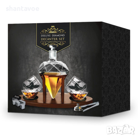 Стъклен сет за уиски с декантер Диамант, 2 чаши и камъни за охлаждане, снимка 2 - Чаши - 44602821