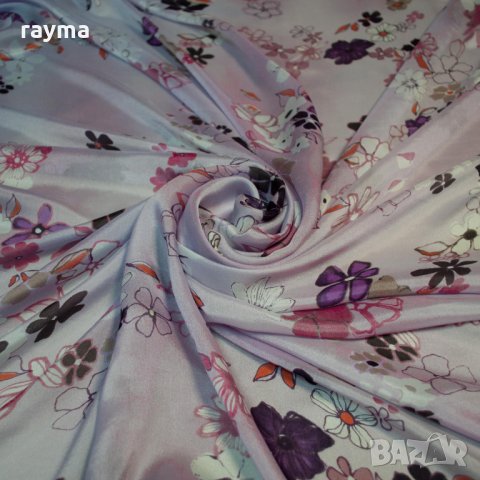 Плат дизайнерска италианска естествена коприна принт теменужки, снимка 5 - Рокли - 34390294