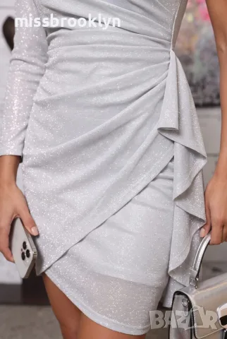 Рокля “Silver Glitter One‑Shoulder” – сребърна брокатена рокля арт.1864, снимка 2 - Рокли - 55821275