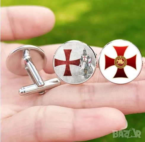 Ярко Изящни Мъжки Копчета за Ръкавели Син Кръст Рицарски Тамплиерски Червен Кръст с Масонски Мотиви, снимка 5 - Подаръци за мъже - 53165559