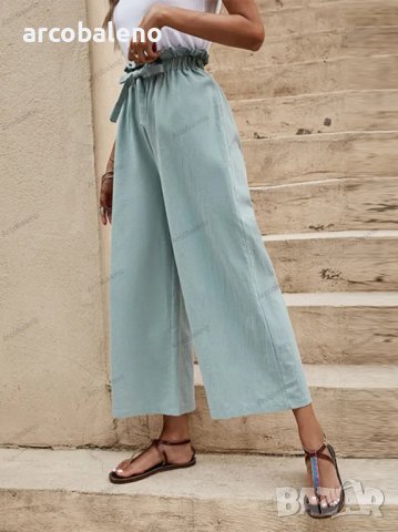 Едноцветни дамски широки панталони с колан на талията, 6цвята , снимка 6 - Панталони - 40028452