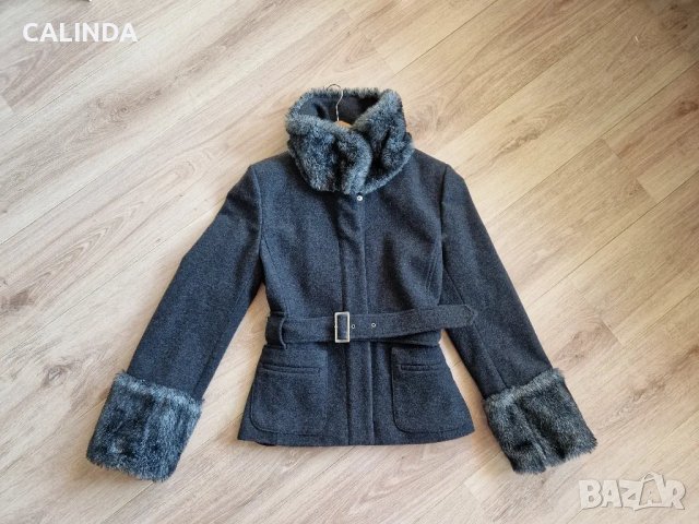 Etere сиво късо палто с колан  от вълна, снимка 1