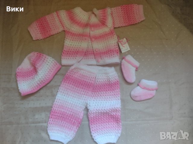 Плетен бебешки костюм в розово и бяло , снимка 2 - Комплекти за бебе - 41456027