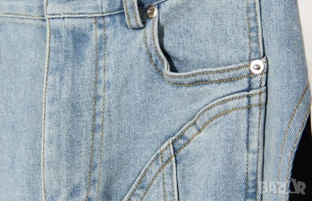 Модни Дамски Джинси Оригинални Корейски Дънки Висока Талия Пачуърк Вталени Разтегаем Модел на MUGLER, снимка 8 - Дънки - 46660616