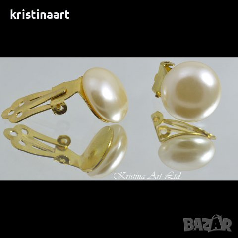 Обеци клипс от Сваровски перли, цвят ''Cream'', Ф14мм, снимка 2 - Обеци - 38686096