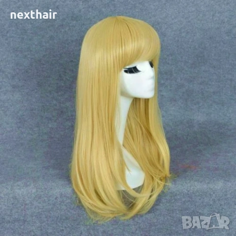 Златисто руса аниме косплей перука с бретон - 55 см, снимка 3 - Аксесоари за коса - 53192671