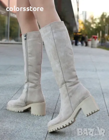 Ботуши на ток - бежов велур - BSW90, снимка 2 - Дамски ботуши - 47810128