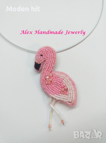 "Фламинго" брошка/висулка за колие бродерия с мъниста. Ръчна изработка., снимка 5 - Други - 36476668