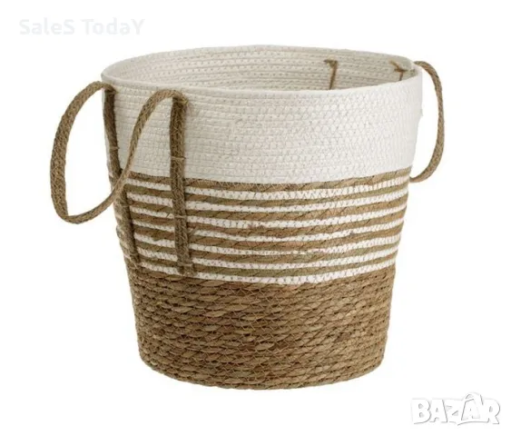 Плетена кошница, бежова с дръжки, Ø33х33см , снимка 1