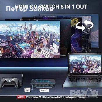 4K @60Hz 5x1 HDMI селекторен превключвател 5 порта HDR IR дистанционно, снимка 3 - Друга електроника - 42656391